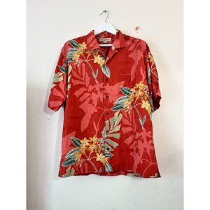 Tommy Bahama Mens Red Hawaiian Floral Silk Button-Up Shirt Large Short Sleeve